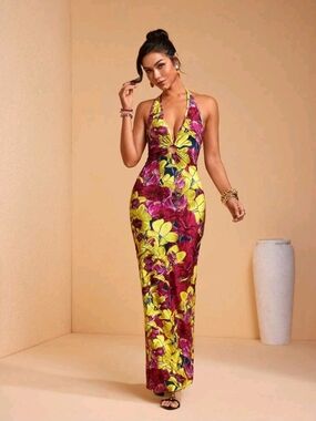 JIAN LASALA  Floral Print Knit Halter Tie Deep V Sleeveless Bodycon Long Dress